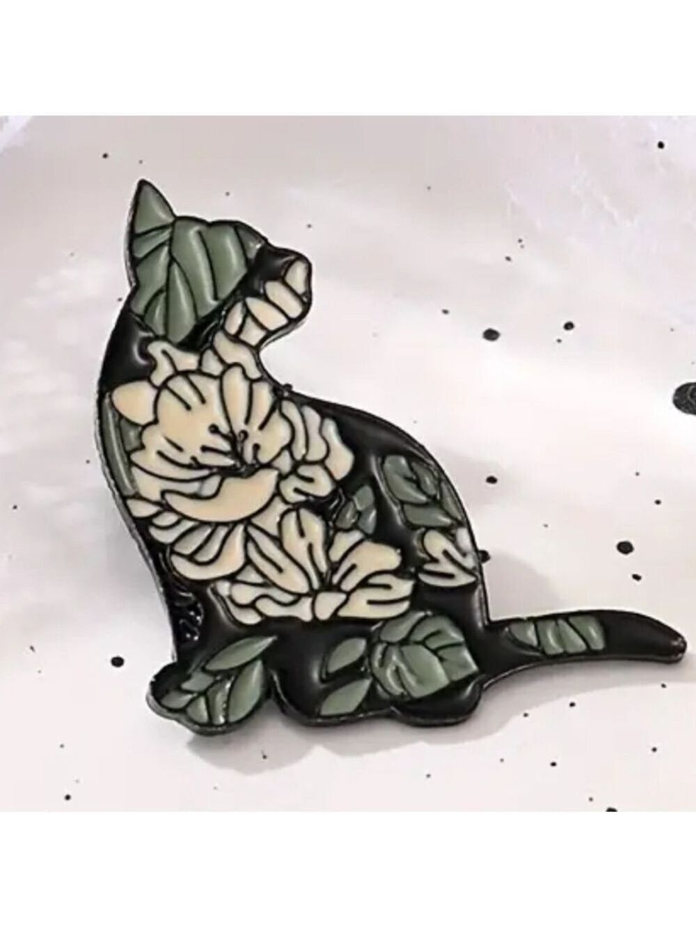 Cat Brooch Hippie Black with Flowers